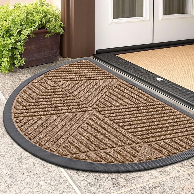 Smiry Half Circle Front Door Mat Outside Entrance, Heavy Duty Sturdy Natural Rubber Doormat, Trap Dirt and Moisture, Low Profile Mats for Indoor Outdoor Entry, Irregular Triangle (29.5x17, Coffee) - Bloomnest
