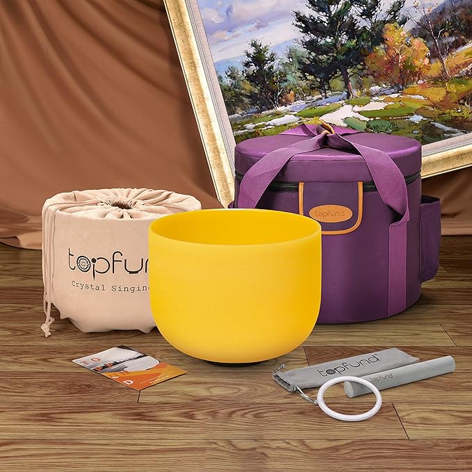 TOPFUND Yellow E Note Crystal Singing Bowl Solar Plexus Chakra 10 inch with Heavy Duty Carrying Case and Suede Mallet