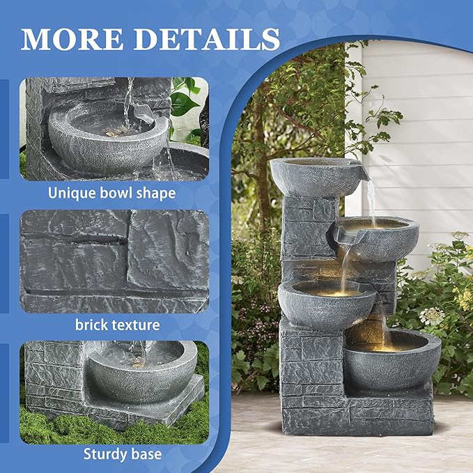 Outdoor Water Fountains with Cascading Bowls, 4-Tiers Fountains and Waterfalls w/LED Lights,Indoor Morden Floor Standing Resin Water Feature for Garden Patio Backyard Home Decor (Light Grey) - Bloomnest