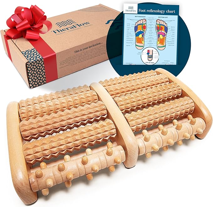 TheraFlow Foot Massager for Neuropathy & Plantar Fasciitis Relief - Mom Gifts for Women & Gifts for Dad, Wooden Foot Roller Massager, Neuropathy Pain Relief for Feet (Includes Reflexology Chart) - Bloomnest