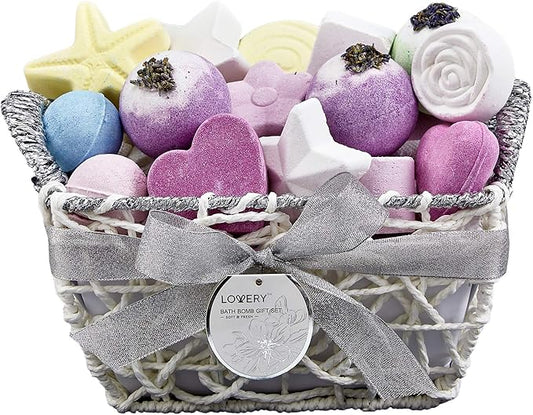 Bath Bombs Gift Set for Women, 17 Large Bath Fizzies in Assorted Colors, Shapes & Scents, Bath and Body Spa Set with Shea & Coco Butter, Ultra Rich Spa Set in Handmade Weaved Basket - Bloomnest