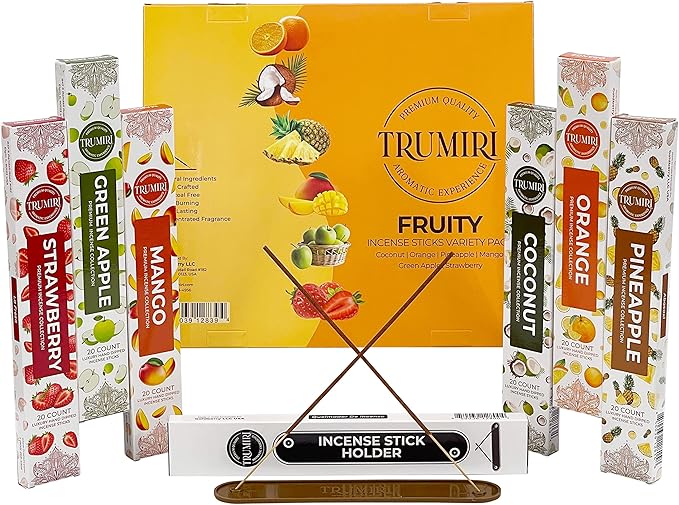 Fruity Incense Sticks Variety Pack - 120 Insence-Sticks (6 Incents x 20 Insense) - Coconut Orange Pineapple Mango Strawberry Apple - Natural Inscents-Sticks Non Toxic Inciensos + Stick Incense Holder - Bloomnest