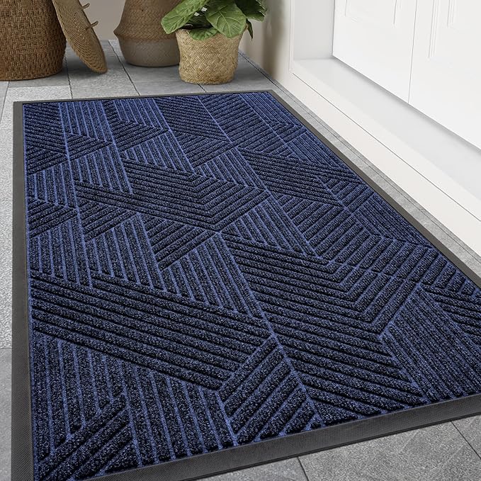Smiry Front Door Mat Outside Entrance, Heavy Duty Sturdy Natural Rubber Doormat, Trap Dirt and Moisture, Easy Clean Low Profile Mats for Indoor Outdoor Entry, Irregular Triangle (59x24, Navy Blue) - Bloomnest