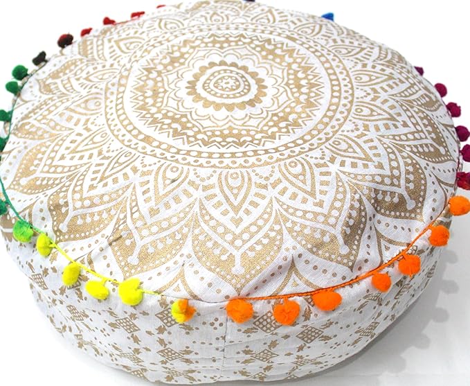 INDIAN CRAFT CASTLE ICC Mandala Barmeri Large Floor Pillow Cover Cushion Meditation Seating Ottoman Throw Cover Hippie Decorative Zipped Bohemian Pouf Ottoman Cases White Gold, 18" Round - Bloomnest