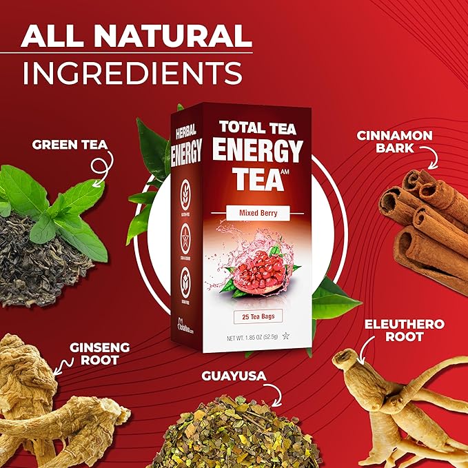 Total Tea Detox Guayusa Energy Tea - All Natural Herbal Caffeinated Tea Cleanse - Energy & Focus - Coffee Substitute - 25 Tea Bags for Men and Women - Bloomnest