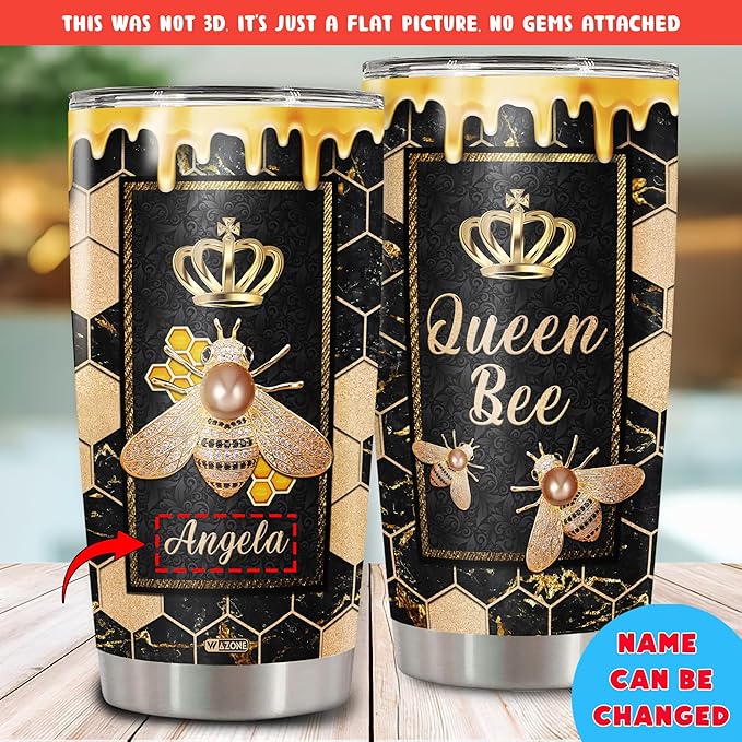 WAZONE Personalized Queen Bee Tumbler Cup With Lid 20oz 30oz Custom Name Double Wall Vacuum Stainless Steel Travel Coffee Mug Novelty Jewelry Style Insulated Birthday Gift For Girls Women - Bloomnest