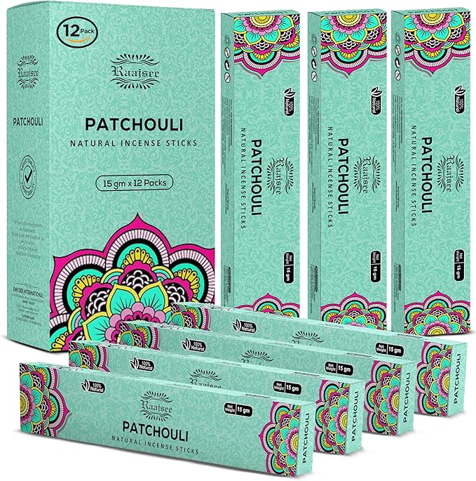 Raajsee Patchouli Incense Sticks (180 gm), 100% Pure Organic Natural Hand Rolled Free from Chemicals - Patchouli Incense Perfect for Aromatherapy, Cleansing, Meditation, and Church(Pack of 12) - Bloomnest