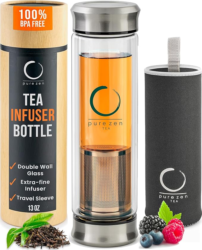 Pure Zen Tea Tumbler with Infuser - Double Wall Glass Travel Mug with Stainless Steel Filter - Leakproof Tea Infuser Bottle for Loose Leaf Infusions and Fruit Infused Water - Unique Gift Set - 13 oz - Bloomnest