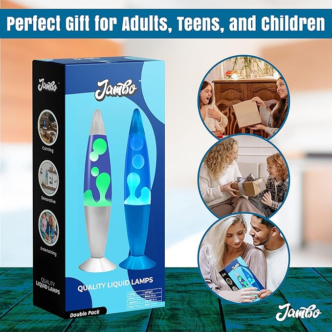JAMBO 2 Pack- 16" Beautiful Lamp- Silver with Yellow/Green Wax and Blue with Blue/White Wax, Relaxing Liquid Lamp, Night Light Nightlight, Lamps for Adults Teens Kid - Bloomnest