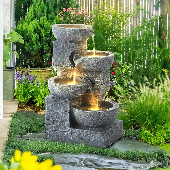 Outdoor Water Fountains with Cascading Bowls, 4-Tiers Fountains and Waterfalls w/LED Lights,Indoor Morden Floor Standing Resin Water Feature for Garden Patio Backyard Home Decor (Light Grey) - Bloomnest