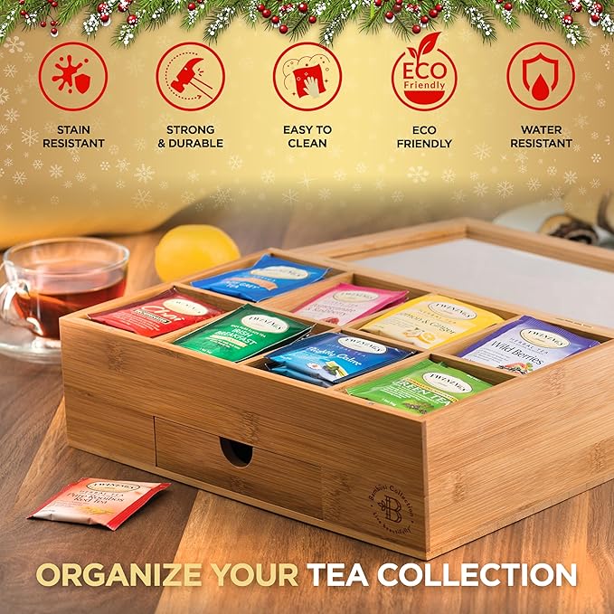 Bambüsi Tea Box Organizer with Drawer - 8 Compartment Bamboo Wooden Tea Storage Chest with Acrylic Window & Magnetic Lid - Tea Accessories & Gift Set for Women, Birthdays, House Warming Gifts New Home - Bloomnest