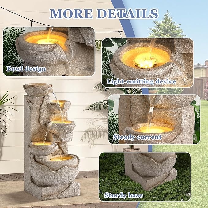 Grepatio Outdoor 5-Tiers Cascading Rock Water Fountain, Waterfall Fountain with 5 LED Lights, Beige Bowl Feature Fountains and Waterfalls for Garden or Patio, Yard, and Deck Decor - Bloomnest
