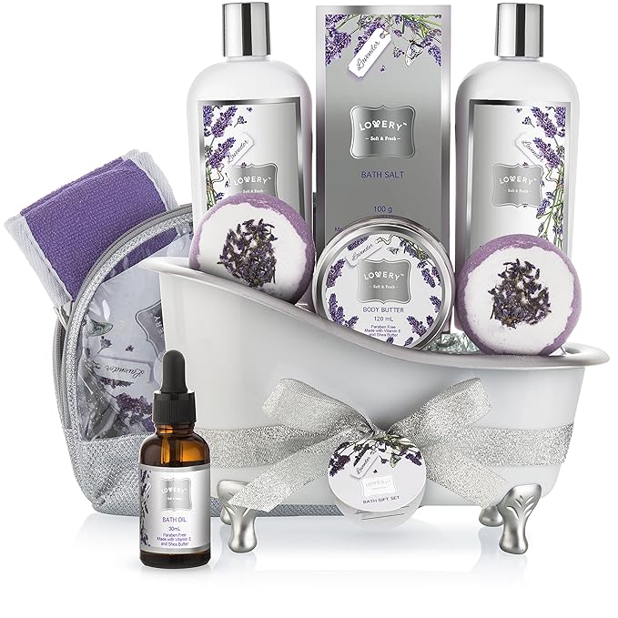 Gift Baskets for Women Bath Gift Set for Women, Bath and Body Spa Set Lavender and Jasmine with Large Bath Bombs, Salts, Shower Gel, Body Butter Lotion, Bath Oil, Bubble Bath, Loofah & More