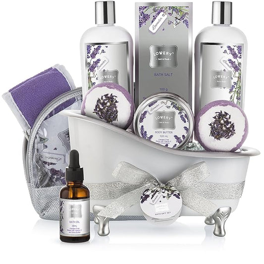 Gift Baskets for Women Bath Gift Set for Women, Bath and Body Spa Set Lavender and Jasmine with Large Bath Bombs, Salts, Shower Gel, Body Butter Lotion, Bath Oil, Bubble Bath, Loofah & More