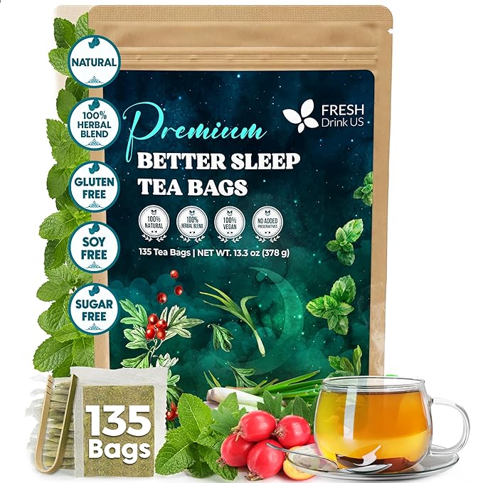 FreshDrinkUS, Premium 135 Tea Bags Better Sleep Herbal Tea | Caffeine-Free Loose Leaf Blend with Spearmint Leaves, Lemongrass Leaves, and Hawthorn Berry – Naturally Refreshing and Aromatic. - Bloomnest