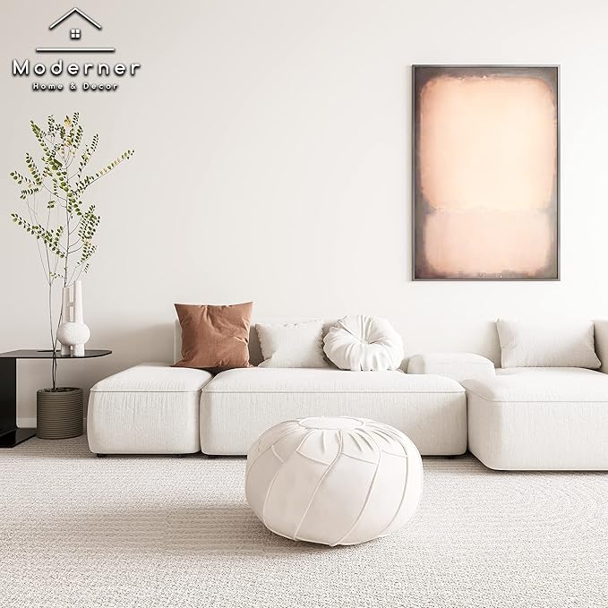 Moderner Faux Leather Pouf Unstuffed Ottoman Moroccan Footstool, Floor Footrest Cushion, Storage Solution - Natural Brown Color (White, Round) - Bloomnest