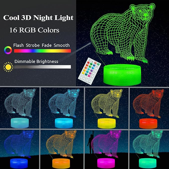 Polar Bear Night Light, 3D Illusion Lamp, RGB16 Colors Changing, Remote Control, Dimmable, Kids Room Decoration, Xmas Bear Gifts - Bloomnest