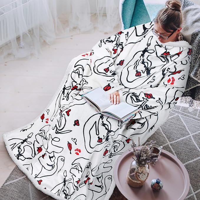 Tirrinia Sherpa Wearable Blanket With Sleeves, Full Body Throw Reading Wrap TV Blankets - Bloomnest