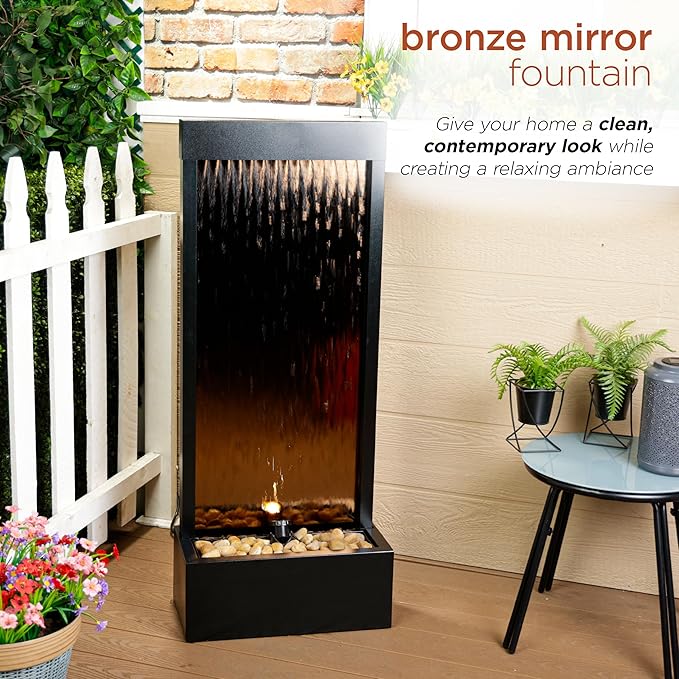 Alpine Corporation - Mirror Waterfall Fountain with Stones & Lights - Zen Indoor/Outdoor Decor for Office, Living Room, Patio, Entryway - 48 Inches (Bronze) - Bloomnest