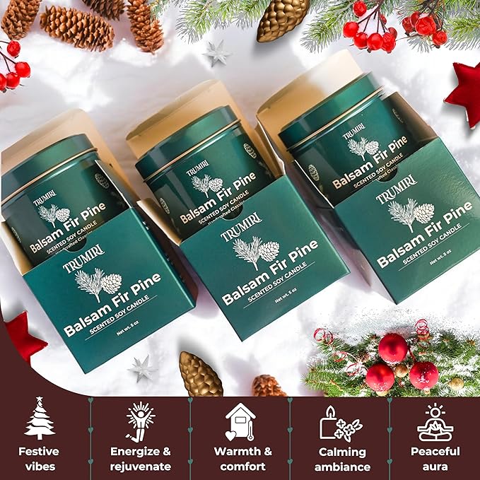Balsam Fir Pine - Soy Candles for Home Scented - Pack of 3 x 5oz Natural Clean Non Toxic - for Fall Winter Christmas Holidays - Long Lasting Highly Scented Pet Safe - Velas Aromáticas para el Hogar