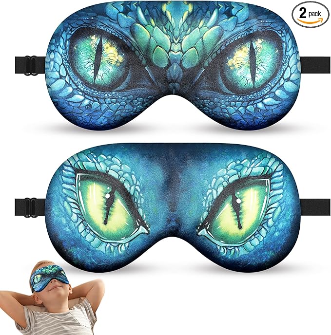 2 Pcs Sleep Mask for Kids Boys, Silk Eye Covers for Sleeping, Adjustable Strap & Light Blocking Design, Adult Children's Bedtime Blindfold for Travel and Home Use (Green Dinosaur Eyes) - Bloomnest