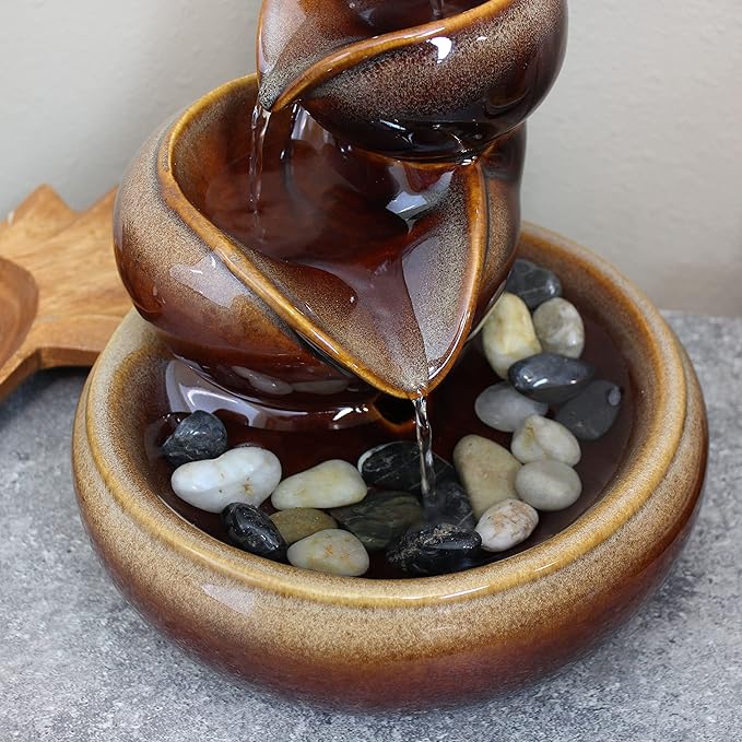 Sunnydaze Tiered Vessels Ceramic Tabletop Water Fountain - Relaxing Indoor Fountain for Office, Bedroom, or Living Room - Brown