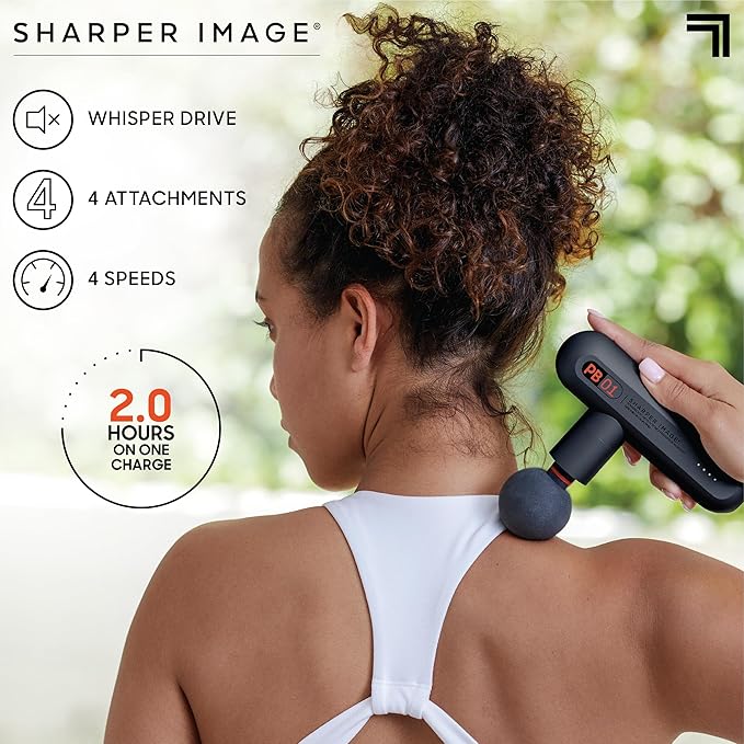 Sharper Image Percussion Massage Gun, Powerboost Move, Lightweight & Portable, 4 Attachments, 4 Speeds, Full Body Back & Shoulder Massager for Deep Tissue Muscle Recovery, Pain Relief & Soreness - Bloomnest