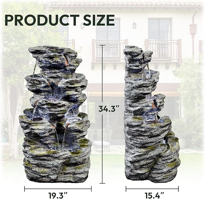 34.3" H Outdoor Water Fountain with LED Lights, 5-Tier Cascading Rock Waterfall for Yard, Garden, Patio, Outdoor Decor Water Features - Bloomnest