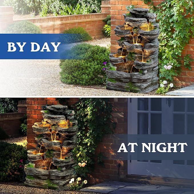 TITIMO 7-Tier Cascading Rock Water Fountain Outdoor Garden Waterfall with Lights,Fountain Indoor Decor for Garden, Patio, Backyard, Deck, Porch and Home Art Decor (24" H) - Bloomnest