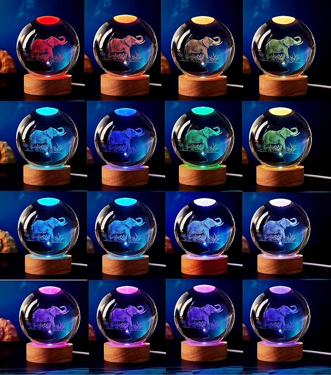 Elephant Crystal Ball Lamp, 3.15 inch, Night Light with Wooden LED Base, Glass Ball with USB, Remote Control, 16 Color Change, Gift Box - Bloomnest