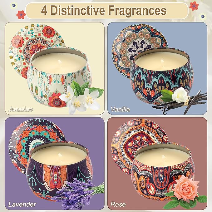 Scented Candles Gift Set - Women Candle Set Natural Soy Wax Aromatherapy Candle Small Gifts 120H Burn Time Candle 4 Pack 4.4 Oz for Christmas Birthday Mum Girl Teacher Mothers Day Bath - Bloomnest