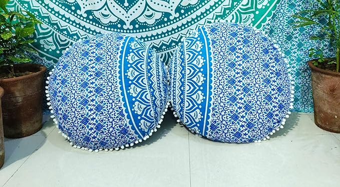INDIAN CRAFT CASTLE 24" Mandala Barmeri Large Floor Pillow Cover Cushion Meditation Seating Ottoman Throw Cover Hippie Decorative Zipped Bohemian Pouf Ottoman Poufs, Pom Pom Pillow Cases - Bloomnest