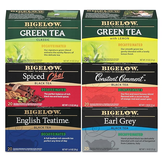 Bigelow Tea Decaffeinated Tea 6 Flavor Variety Pack, Decaf Tea with Green Tea, Spiced Chai, Constant Comment, English Teatime and Earl Grey Tea, 20 Count Box (Pack of 6), 120 Total Tea Bags - Bloomnest