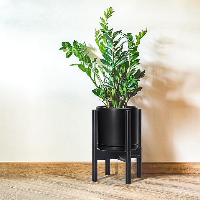 D'vine Dev Ceramic Planter with Ebony Stand - 8 Inch Modern Round Flower Pot with Wood Planter Holder, Black, 55-B-M-2 - Bloomnest