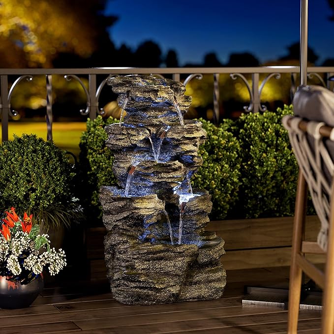 34.3" H Outdoor Water Fountain with LED Lights, 5-Tier Cascading Rock Waterfall for Yard, Garden, Patio, Outdoor Decor Water Features - Bloomnest