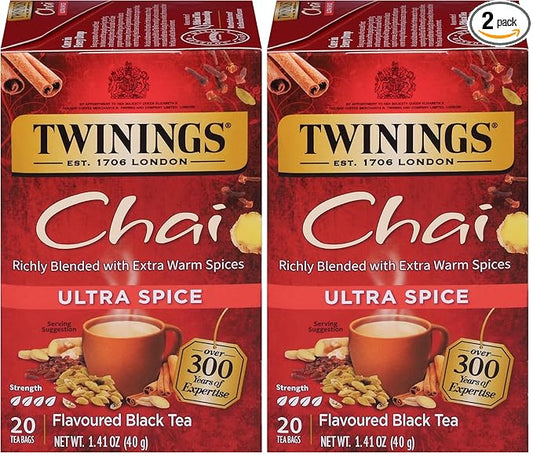 Twinings Ultra Spice Chai Tea Bags - Individually Wrapped, Black Tea with Cinnamon, Ginger, Cardamon & Clove, 20 Count (Pack of 2)