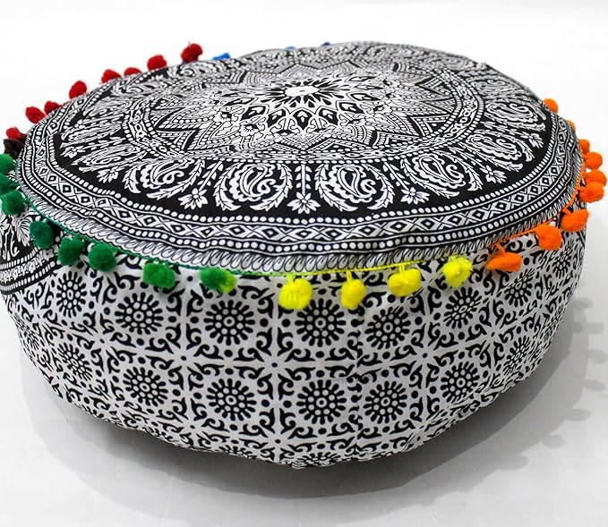 INDIAN CRAFT CASTLE ICC Mandala Barmeri Large Floor Pillow Cover Cushion Meditation Seating Ottoman Throw Cover Hippie Decorative Zipped Bohemian Pouf Ottoman Cases Black Elephant 18" Round - Bloomnest