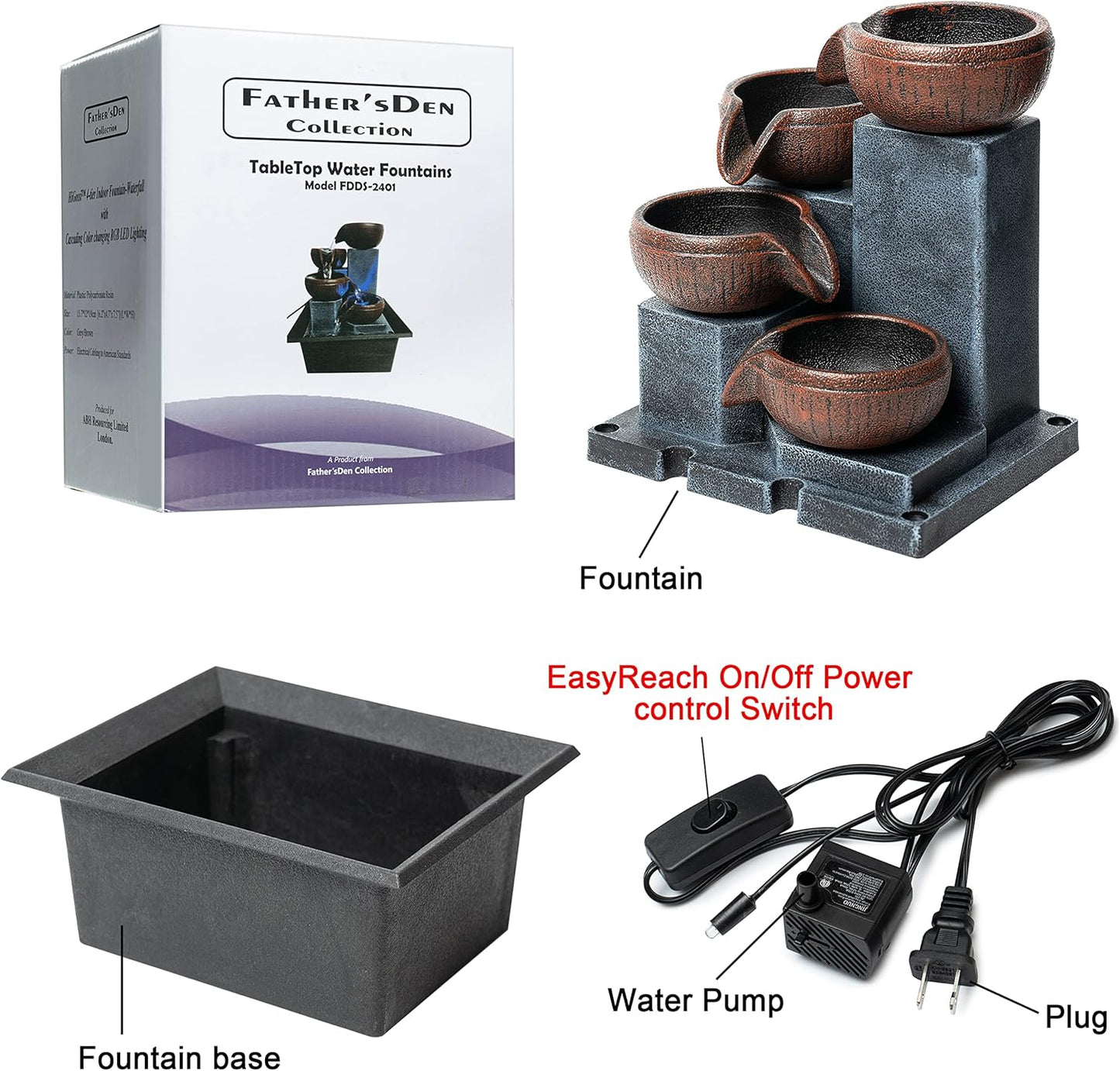 Tabletop Water Fountain-Water Fall Fountains-Indoor Desktop Fountain with Audible Calming Waterfall Sounds for Feng Shui Effect-Cascading LED Color Lighting