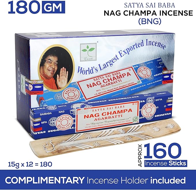 Satya Nagchampa Incense Sticks, Satya Bng (Bangalore) Insenses 15gmx12 Pack with Raajsee Incense Holder Bundle, Satya Nagchampa Natural Incense - Bloomnest