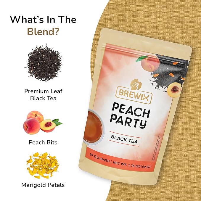 BREWIX, Peach Black Tea (25 Pyramid Bags) | Premium Black Tea with Peach | Floral & Refreshing | Iced or Hot | Caffeinated And Sugar-Free - Bloomnest