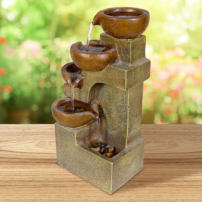 Alpine Corporation WCT726 Indoor/Outdoor Tabletop Tiered Pouring Pots Waterfall Fountain with Natural Stone Look, 16", Brown - Bloomnest