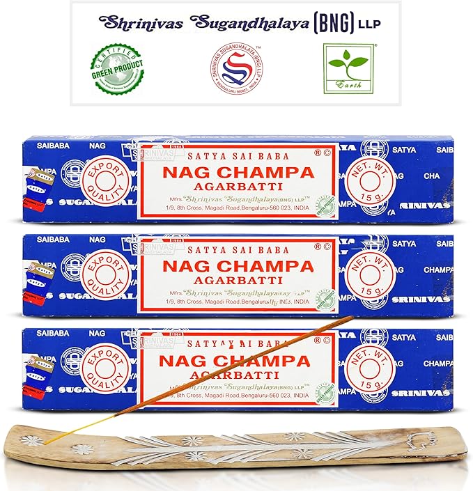 Satya Nagchampa Incense Sticks, Satya Bng (Bangalore) Insenses 15gmx3 Pack (45 GMS) with Raajsee Incence Holder Bundle, Satya Nagchampa Natural Incense - Bloomnest