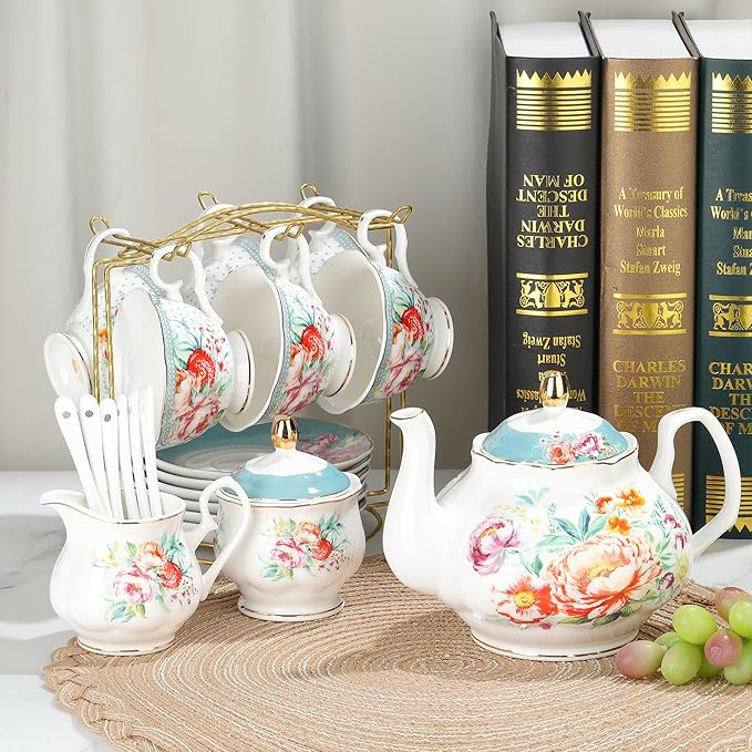fanquare 21-Piece Green and Floral Porcelain Tea Set, Vintage Ceramic Tea Cup and Saucer Set for 6, Teapot Set for Women Party - Bloomnest