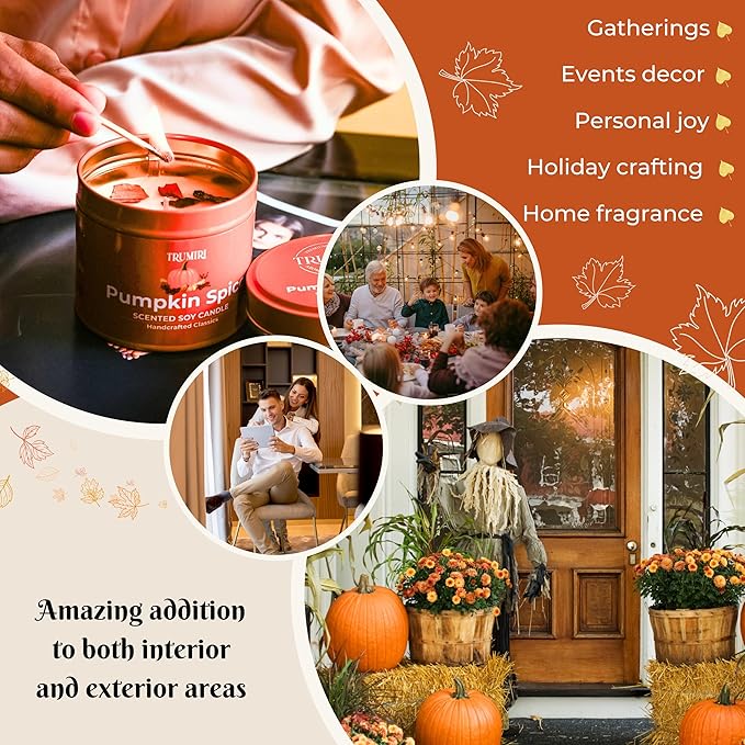 Pumpkin Spice - Cinnamon Soy Candles for Home Scented - for Fall Halloween Thanksgiving Holidays - Pack of 3 x 5oz Natural Clean Non Toxic Long Lasting Highly Scented Candels with Essential Oils TRUMIRI