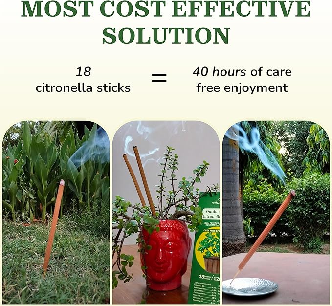 Natural Citronella Incense Sticks Outdoor - (18 Sticks, 40 hrs Protection) for Safety on Patio, Camping etc | DEET Free, Powered with Indian Neem & Essential Oils