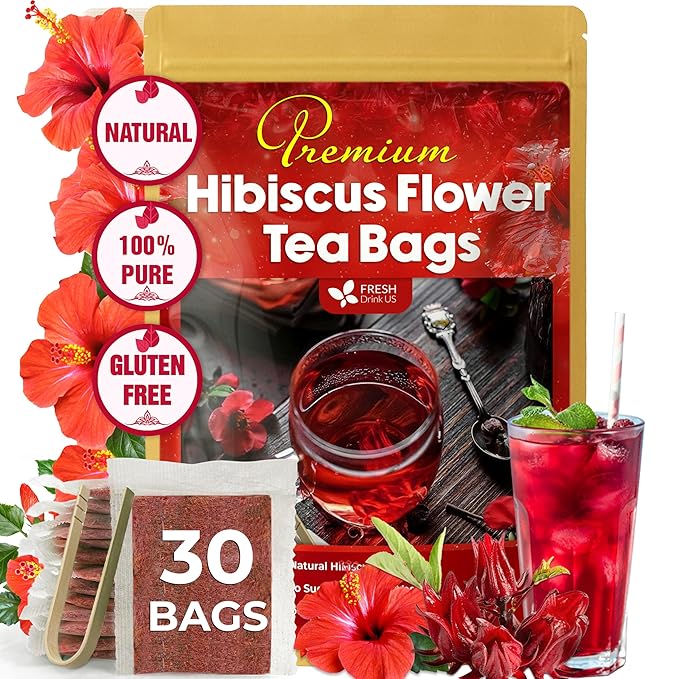 FreshDrinkUS, Premium 30 Hibiscus Flowers Tea Bags, 100% Natural & Pure from Hibiscus Flowers. Loose Flower Herbal Tea. No Sugar, No Caffeine, No Gluten, Vegan. - Bloomnest
