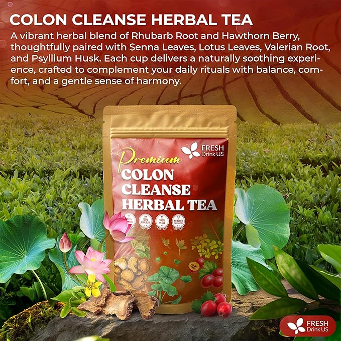 FreshDrinkUS, Premium Colon Cleanse Tea – 60 Tea Bags – Rhubarb Root & Hawthorn Berry with Senna, Lotus Leaf, Valerian Root & Psyllium Husk – Herbal Blend, Caffeine-Free. Vegan - Bloomnest