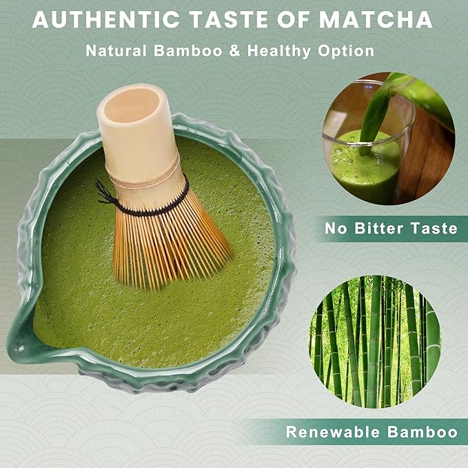 Matcha Whisk Set, Cactus Dark Green Ceramic Matcha Set Includes Matcha Bowl, Matcha Whisk (Chasen) and Holder, Sifter, Bamboo Scoop & Spoon - 6 Pcs Matcha Kit for Matcha Lovers - Bloomnest