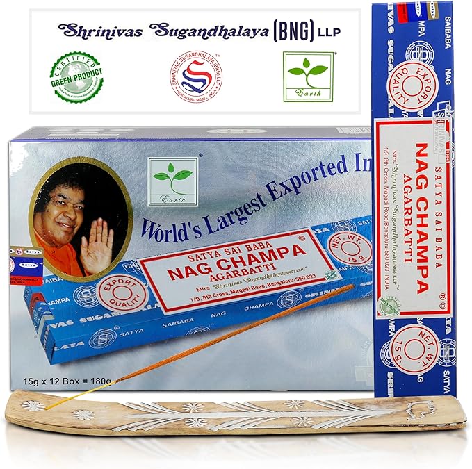 Satya Nagchampa Incense Sticks, Satya Bng (Bangalore) Insenses 15gmx12 Pack with Raajsee Incense Holder Bundle, Satya Nagchampa Natural Incense - Bloomnest
