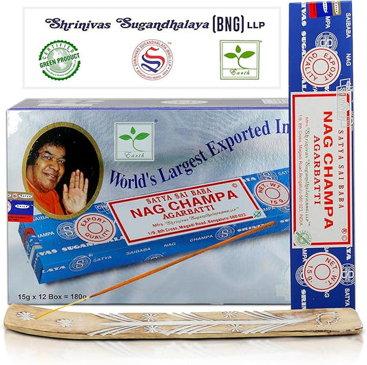 Satya Nagchampa Incense Sticks, Satya Bng (Bangalore) Insenses 15gmx12 Pack with Raajsee Incense Holder Bundle, Satya Nagchampa Natural Incense - Bloomnest